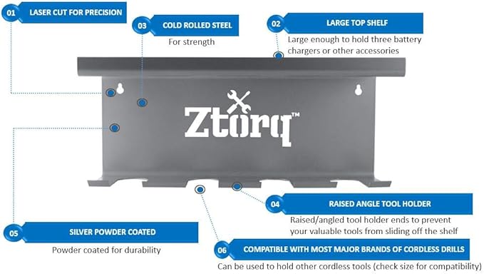 Ztorq Cordless Drill Tool Organizer - Drill holder storage wall mount shelf rack and charging station to optimize garage organization and power tool storage