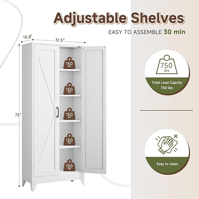 Letaya 75" H Metal Storage Cabinet with 2 Doors and 4 Shelves,Tall Kitchen Pantry Cabinets,Farmhouse Utility Pantry Organizers for Cupboard/Dining/Bathroom/Home Office/Garage,White