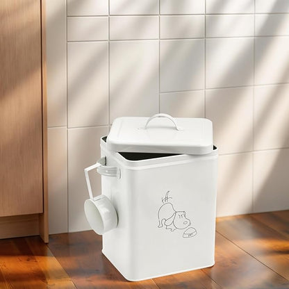 SOUJOY Pet Treat and Food Storage Bin with Lid and Scoop, 5LBS White Vintage Farmhouse Storage Tin, Coated Carbon Steel Canister, Gift for Dogs Owners