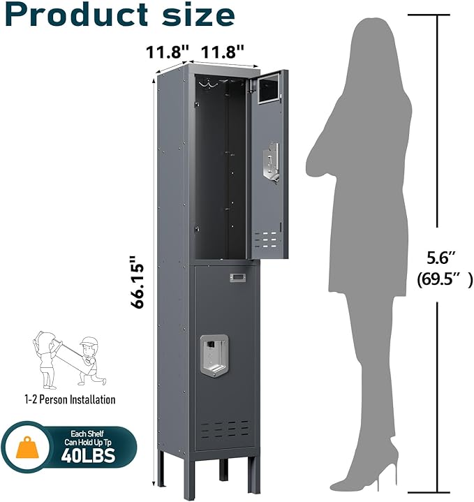 Metal Storage Locker with Lock & Card Slot Locker - Secure Lockable Door - Steel Locker for School, Office, Gym, Home - 66.15" H x 11.8" W x 11.8" D（2 Door, Grey）