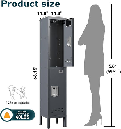 Metal Storage Locker with Lock & Card Slot Locker - Secure Lockable Door - Steel Locker for School, Office, Gym, Home - 66.15" H x 11.8" W x 11.8" D（2 Door, Grey）