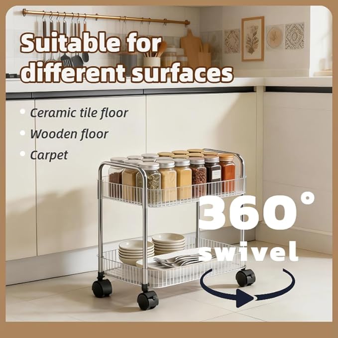 2 Tier Utility Rolling Cart with Wheels Sofa Side Table Small Under Desk Storage Organizer Plastic Mobile Trolley Organization Storage Cart for Kitchen Pantry Bathroom, Transparent