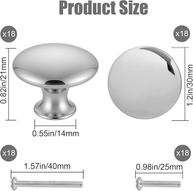 Romeda 18 Piece Drawer Knobs, Silver Cabinet Knobs with Screw, 30mm Drawer Pulls for Dresser, Kitchen, and Cabinet Drawers
