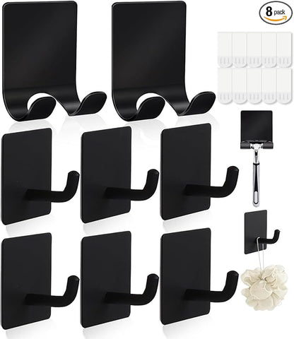 2 Razor Holder for Shower and 6 Adhesive Hooks with Removable Strips，Towel Hooks for Hanging，Wall Hooks for bathrooms，Removable Damage-Free Metal Shaver Holder，for Stockings，Decor，Robe
