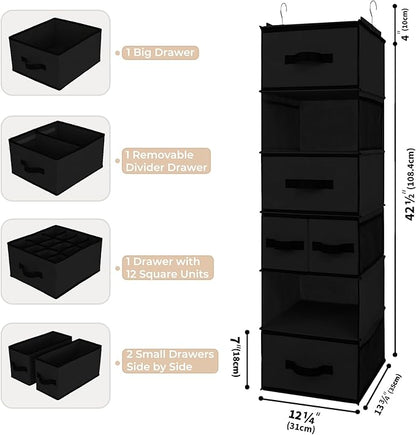 GRANNY SAYS Hanging Closet Organizer 6 Shelves, Closet Organization and Storage with 5 Different Drawers, 6 Side Pockets Wardrobe Clothes Organizer for Closet, Black, 1-Pack