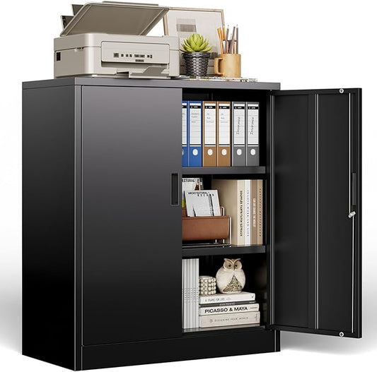 BESFUR Metal Storage Cabinet, Garage Storage Cabinet with 2 Adjustable Shelves, Locking Short Storage Cabinet for Office Garage Home, Black Metal Cabinets (36" H x 31.5" W x 16" D)
