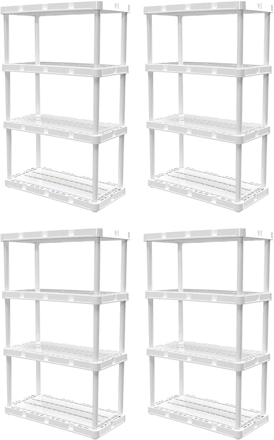 Gracious Living 4 Pack Light Duty Storage Shelves, Knect-A-Shelf 4-Shelf Ventilated Shelving Rack Organizer for Home, Garage, Basement & Laundry, White