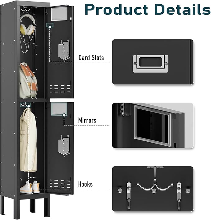 Metal Storage Locker with Lock & Card Slot Locker - Secure Lockable Door - Steel Locker for School, Office, Gym, Home - 66.15" H x 11.8" W x 11.8" D（2 Door, Black）