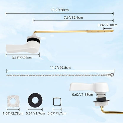 Hibbent Universal Front Mount Metal Toilet Handle Replacement Kit, Brass Toilet Tank Flush Lever with Stainless Steel Adjustable Flapper Chains for Most Toilets, White