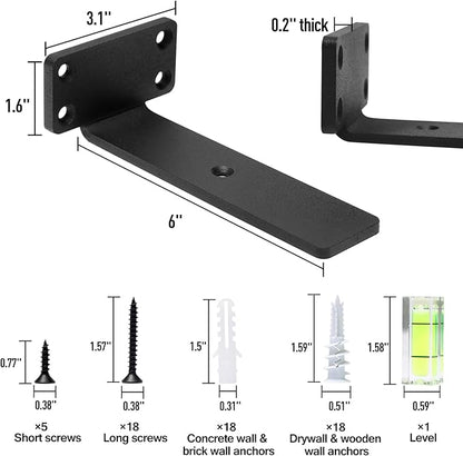 HITOMEN Heavy Duty Floating Shelf Brackets, 6-Inch (1/5'' Thick) Hidden Shelves Hardware, Iron L Brackets, Rustic Industrial Black Metal Wall Shelving Supports, 4 Pack