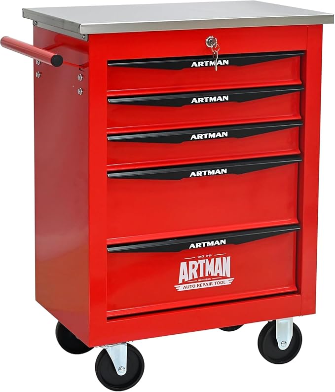 5-Drawer Rolling Tool Chest with Stainless Steel Countertop,Tool Chest with Secure Locking System,Mobile Storage Tool Cabinet with 360°Wheels and Padded Feet,for Home,Garage (Red)