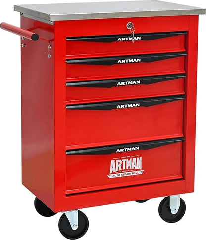 5-Drawer Rolling Tool Chest with Stainless Steel Countertop,Tool Chest with Secure Locking System,Mobile Storage Tool Cabinet with 360°Wheels and Padded Feet,for Home,Garage (Red)
