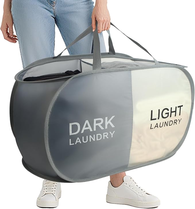 Seefoo 2-Section Collapsible Laundry Baskets, Dual Compartment Foldable Pop Up Hamper with Handles, Dark/Light Labels for Sorting, Compact & Lightweight for Laundry Room, Bedroom, Dorm, Bathroom
