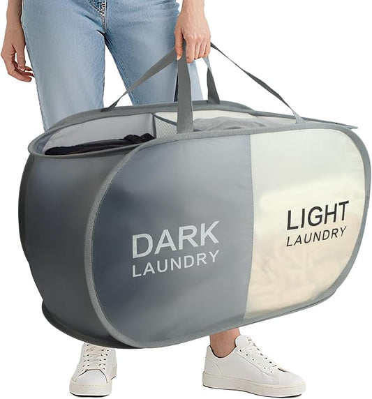 Seefoo 2-Section Collapsible Laundry Baskets, Dual Compartment Foldable Pop Up Hamper with Handles, Dark/Light Labels for Sorting, Compact & Lightweight for Laundry Room, Bedroom, Dorm, Bathroom