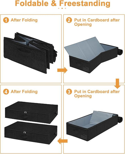 Under Bed Storage Container, 3 Pack Underbed Storage Bags With Lid, Foldable Sturdy Clothes Storage Organizer W/ 3 Handles, Ultra Thick Fabric Blanket Shoe Storage Box, 30x15x6.7inch, Black, 50L