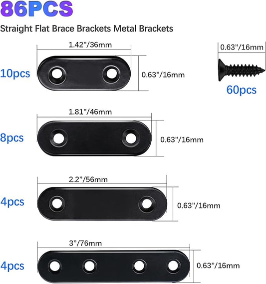 mxuteuk 86pcs Black Straight Flat Bracket,Stainless Steel Black Flat Brackets for Wood,Metal Mending Plate with Screws 36mm/46mm/56mm/76mm