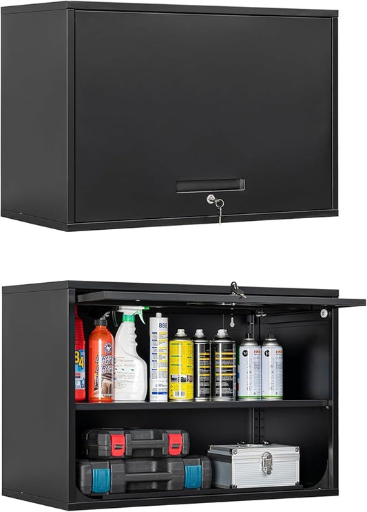 Metal Wall Cabinet with Locking Door and Shelf, Hanging Garage Cabinets with Up-Flip Doors for Garage, Warehouse, Home, Office, Assembly Required (Black, One Cabinet)