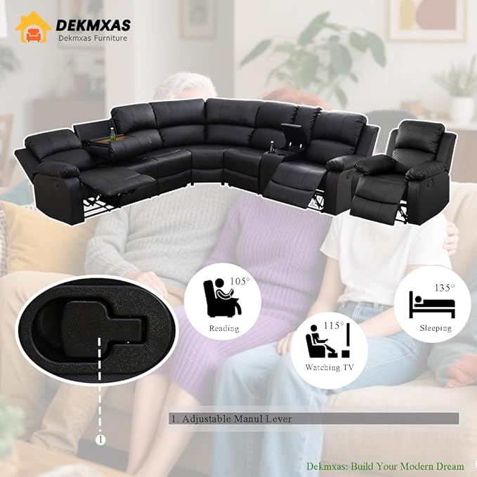 Living Room Furniture Sets, Black Leather Sectional Recliner Sofa Set with Drop-Down Table, Cup Holders, Storage Console, 3 Pieces Reclining Sectional Sofa Couch for Living Room, Bedroom