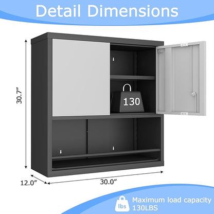 Metal Cabinet Wall Mounted, Garage Storage Cabinets with 2 Door & Adjustable Shelves, Steel Floating Hanging Storage Cabinet, Metal Storage Cabinet for Bathroom, Office, Warehouse