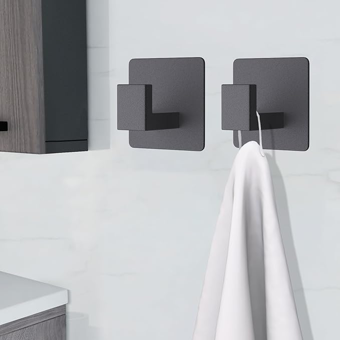 VAEHOLD Adhesive Towel Hooks, Heavy Duty Wall Hooks Aluminum Black Hooks for Hanging Coat, Hat, Towel, Robe, Clothes, Shower Hook for Door, Office, Kitchen, Bathroom - 2 Pack (Black)