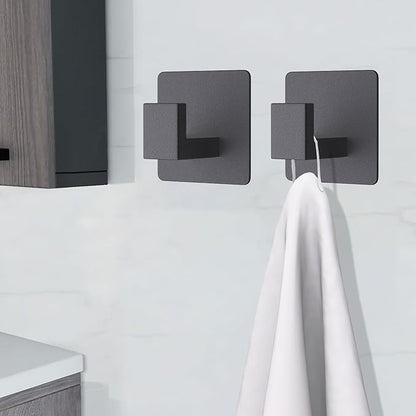 VAEHOLD Adhesive Towel Hooks, Heavy Duty Wall Hooks Aluminum Black Hooks for Hanging Coat, Hat, Towel, Robe, Clothes, Shower Hook for Door, Office, Kitchen, Bathroom - 2 Pack (Black)