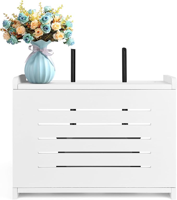 Router Shelf Wall Mount WiFi Router Storage Box Modem Cable Cover Organized Power Strip Cable Management Hider Rack By Solid Wood White