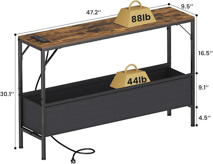 Console Table, Narrow Sofa Table, 47.2" Behind Couch Table with Power Station, Entrance Table, for Living Room, Hallway, Entryway, Foyer, Rustic Brown