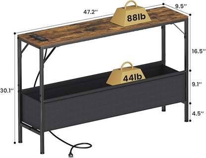 Console Table, Narrow Sofa Table, 47.2" Behind Couch Table with Power Station, Entrance Table, for Living Room, Hallway, Entryway, Foyer, Rustic Brown