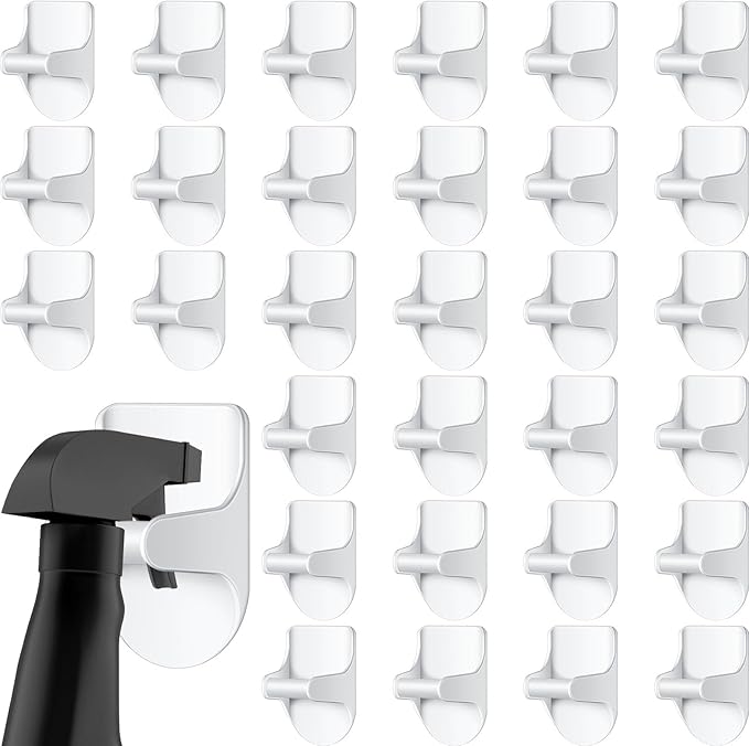 Taiyin 8 Pcs Wall Mount Spray Bottle Hooks Holder Spray Bottle Hanger Adhesive Hook to Create Storage Space Rack Organizer Hanger for Cabinet Kitchen Variety Surfaces (White)