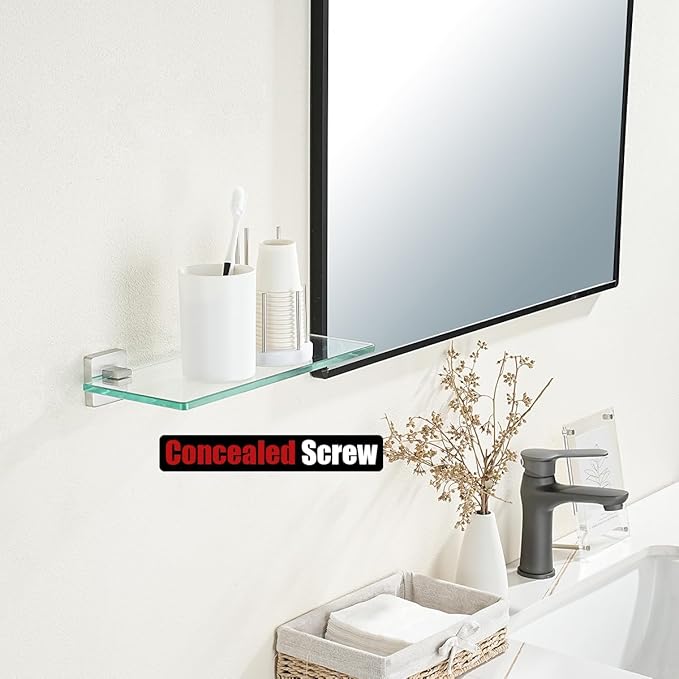 JQK Bathroom Glass Shelf, Tempered Glass Shower Storage 12 by 5 inches, 304 Stainless Steel Brushed Finish Wall Mount, TGS201L12-BN