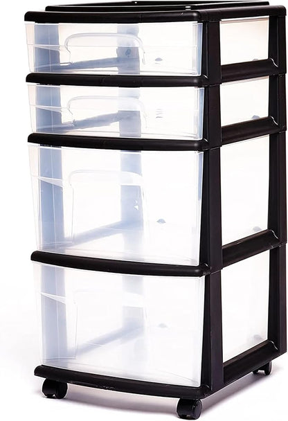HOMZ 2-Pack Drawer Tower, 4-Tier Clear Plastic Storage Organizer Cart, Black Frame - Organizing Containers with Wheels for Home, Bathroom, Bedroom, Office, and Classroom