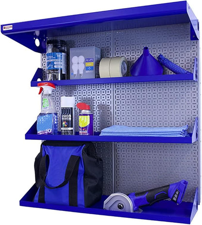 OmniWall Metal Pegboard Shelving Organization System Shelving Kit 32" x 32" Modular Pegboard- Panel Color: Silver Accessory Color: Blue