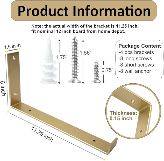 Shelf Brackets 12 Inch 4PCS Heavy Duty Gold Wall Bracket with Lip for Floating Shelves Rustic Iron Metal Shelf Bracket for DIY Open Shelving Hardware Included