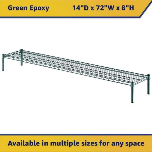 14" x 72" x 8" Green Epoxy Wire Storage Shelf, Dunnage Rack, Commercial 1 Tier Small Shelf