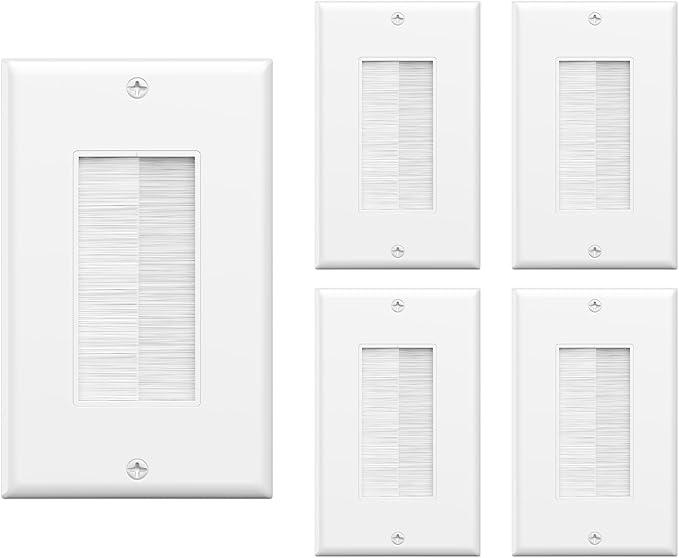 VCE Brush Wall Plate Cable Pass Through, 5 Pack Single Gang Decorator Wall Cover for Low Voltage Cables, in-Wall Cable Management for Wall Mount TV (White)
