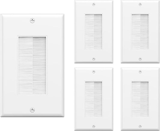 VCE Brush Wall Plate Cable Pass Through, 5 Pack Single Gang Decorator Wall Cover for Low Voltage Cables, in-Wall Cable Management for Wall Mount TV (White)