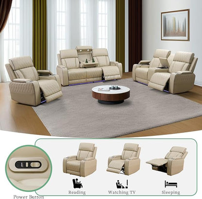 Power Recliner Chair, Breathing Leather Power Setional Reclining Sofa Set, Living Room Furniture Sets Sofa Couch for Living Room, Beige Leather Chair with LED Light/USB Port for Office, Rv Car