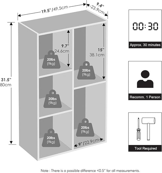 Furinno Reed Closet Organizers and Storage, 5-Cube Reversible Closet Shelves, Closet Organization Shelf, 9.4 x 19.5 x 31.5, for Bedroom, Closet, White