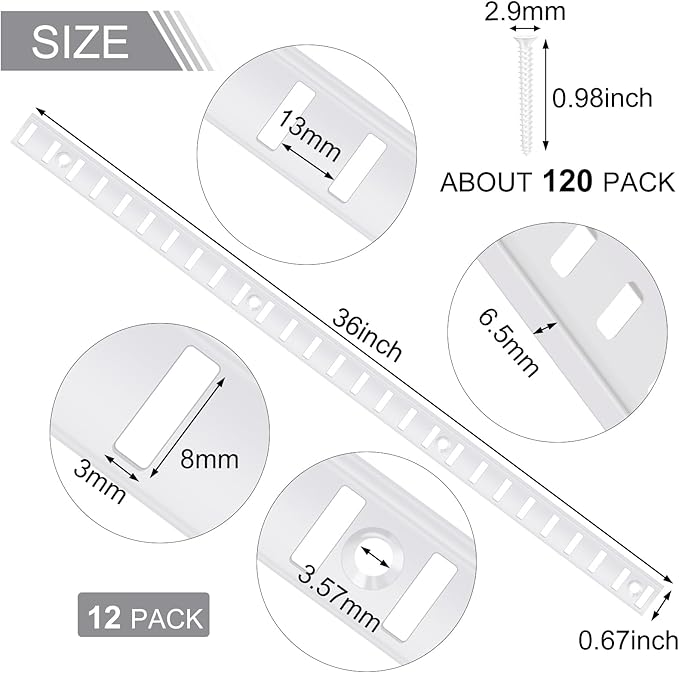 12 Pcs 36 Inch Metal Mortise Mount Pilaster Shelf Brackets and 72 Pcs Shelf Clips for Wall Shelving System Closet Organization Storage (White)