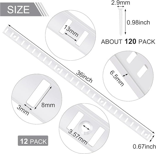 12 Pcs 36 Inch Metal Mortise Mount Pilaster Shelf Brackets and 72 Pcs Shelf Clips for Wall Shelving System Closet Organization Storage (White)