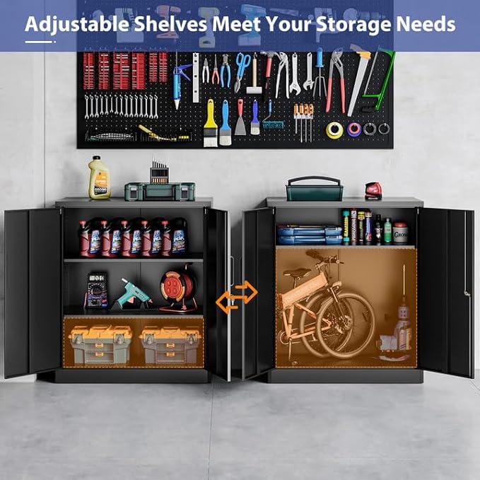 Metal Storage Cabinet, Garage Storage Cabinet with Locking Doors and Adjustable Shelves for Garage,Home,Office and School (Assembly Required，Black)