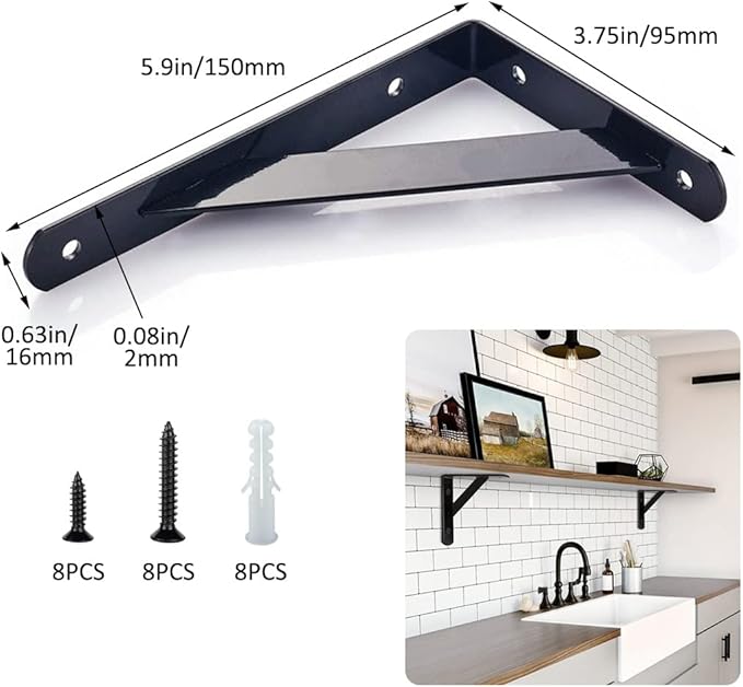 Shelf Brackets 4 Pcs Heavy Duty Triangle Shelf Brackets 6 in X 4 in Metal Shelf Support Angle Brackets Black Wall Shelf Brackets with Screws for Shelves Support DIY