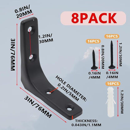 8pcs 3 Inch L Brackets, Heavy Duty Wall Mount Black L Corner Brackets Braces for Wood, Shelves, Cabinets, 90 Degree Triangle Shelf Support with Screws, Small Right Angle Bracket