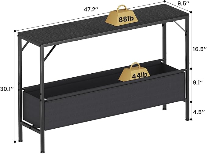 47.2'' Console Table, 9.5" D Entryway Table with Storage Basket, Narrow Sofa Table, Behind Couch Table for Hallway, Foyer, Corridor, Living Room, Black