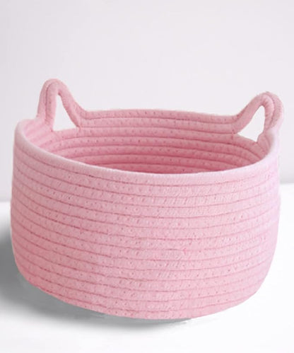 Small Cat Ears Basket, Woven Cotton Rope Organizer with Handles - Decorative Nursery Bin & Box for Baby, Pet Toy Storage