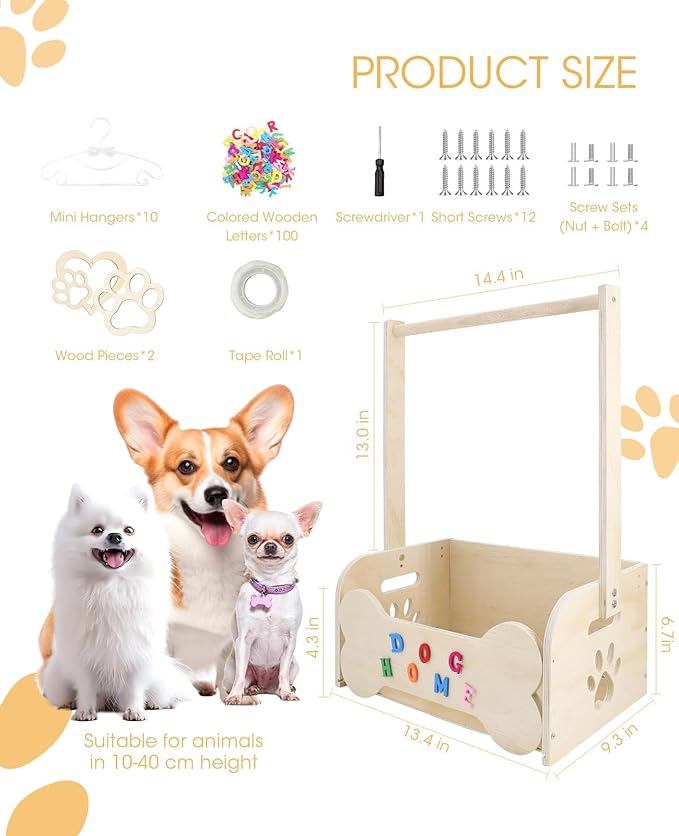 Wooden Dog Clothes Closet for Small Dogs, Pet Wardrobe with Hanging Rod & 10 Hangers, Clothing Rack & Toy Storage for Chihuahua Yorkie Pomeranian, DIY Name Plates, for Dog Moms