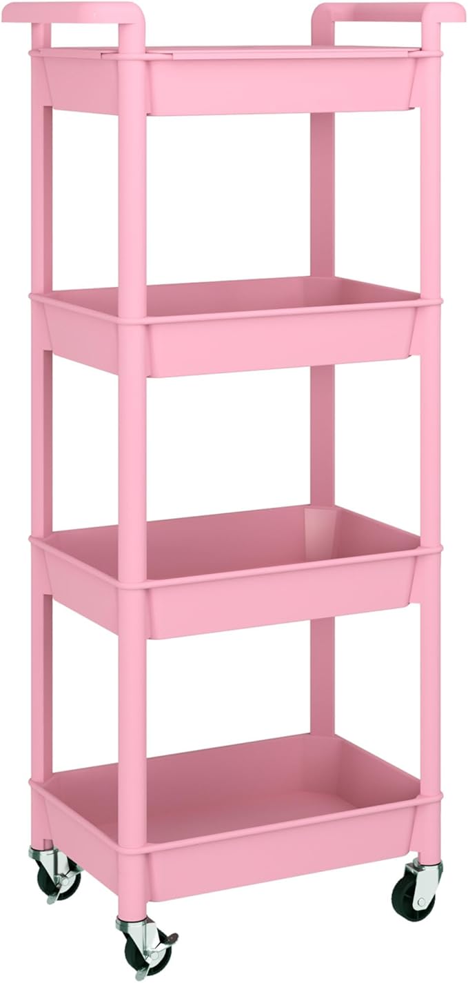 MIOCASA Utility Rolling Cart with Detachable Tray Top, 4-Tier Kitchen Storage Organization, Art Cart with Wheels for Office, Classroom, Livingroom, Kitchen, Bathroom (Pink, 4-Tier-Plastic)