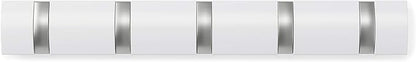 Umbra Flip Wall-Mounted Coat Rack with 5 Hooks – Modern, Space-Saving Storage for Hats, Jackets, Bags, Entryway, Mudroom, Closet, Bathroom, Bedroom – White/Nickel