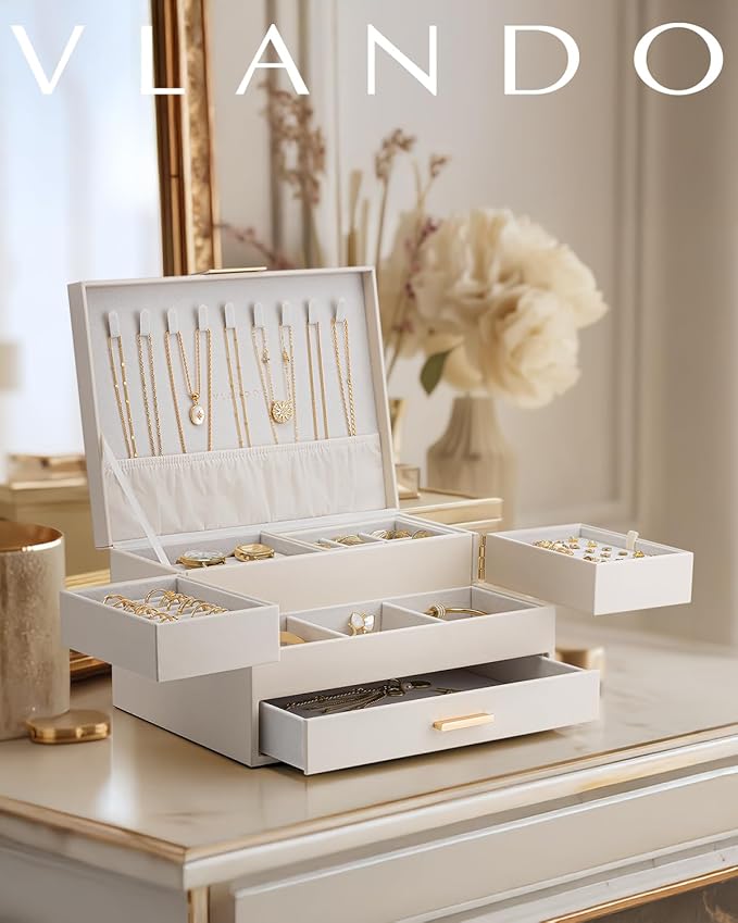 Vlando 3 Layer Jewelry Box - Women Jewelry Box with Retractable Tray - Jewelry Organizers with Drawer for Necklaces, Rings, Bracelets, Earrings, Valentines Gift for Mom Girls - Cloud White