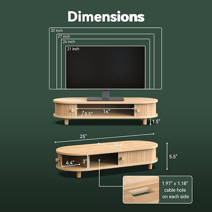 Bamboo Monitor Stand with Storage, Curved Computer Laptop Stand Desk Shelf Organizer with Sliding Doors (25 inch)